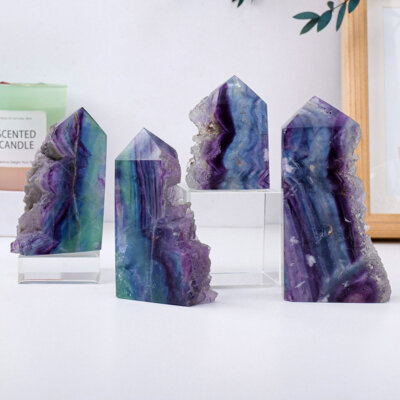 Natural Rainbow Fluorite Stone Tower Quartz Crystal Point Wand Obelisk Healing