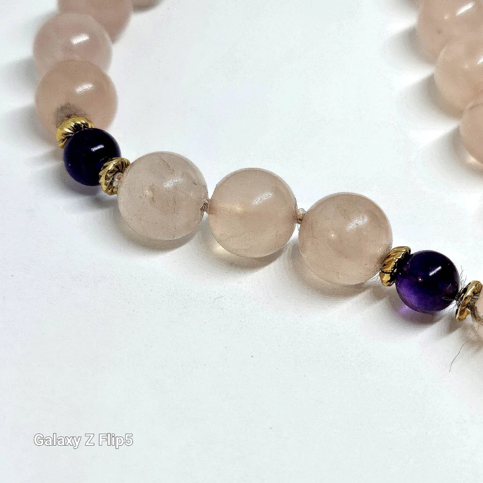 COLLAR CUENTAS CUARZO ROSA Y AMATISTA 30" LARGO CON ESPACIADORES 14K Y CIERRE Foto 2 de 4