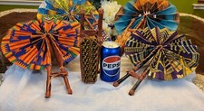 African Print leather foldable hand fans Kente Cloth  Leather Ankara