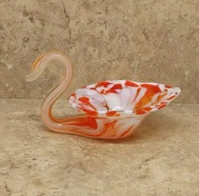Blown Glass Swan Trinket Dish Bowl Red Orange White