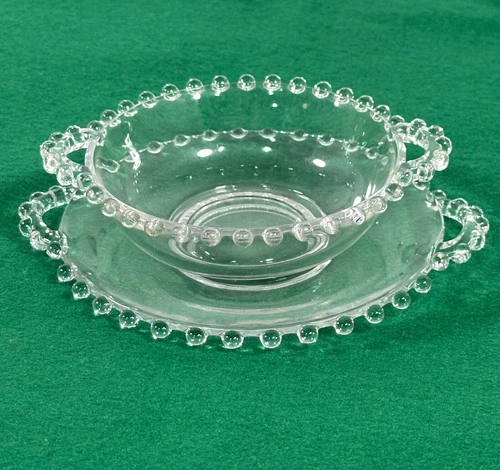 Imperial Beaded Glass Vintage Depression Candlewick Clear Bowl Plate Set Serving