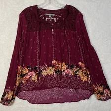 Daniel Rainn Blouse Womens Size Large Red Floral Long Sleeve Tassles