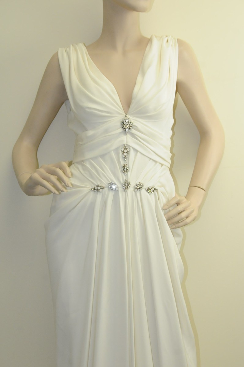 $4200 New J Mendel V Neck Silk Jewel Pearl White Ivory Gown DRESS