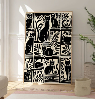 Moderner Katzenillustrationsdruck, elektrische Katze Kunstwerk, minimalistische schwarze Katze Kunst
