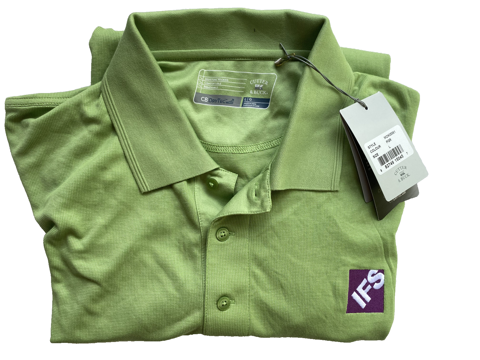 POLO SHIRT CUTTER & BUCK, MEN'S SIZE: L GREEN + IFS LOGO, NEW w TAGS +FREE SHIP!-image