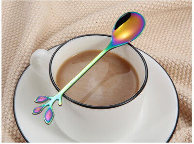 Premium Stainless Steel Leaf Shaped Rainbow Metal Teaspoon, Coffee Dessert Spoon