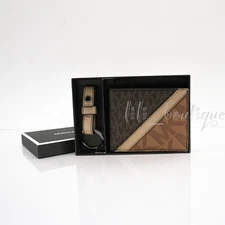 NWT Michael Kors Men's Gifting Slim Bifold Wallet Key Fob Set PVC Leather Brown