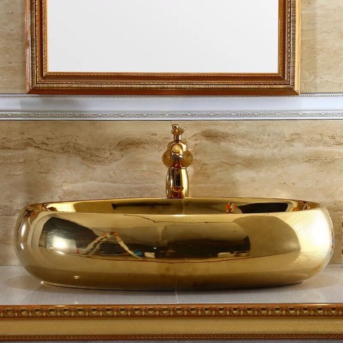 24"Gold Ceramic Oval Basin Bowl Bathroom Vessel Sinks Mixer Faucet Pop Drain Kit - Picture 7 of 7