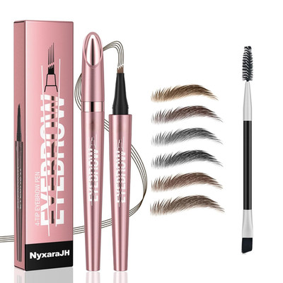 4-Tip Eyebrow Pen with Brush, 24Hr Long Lasting, Waterproof Microblading Effect,