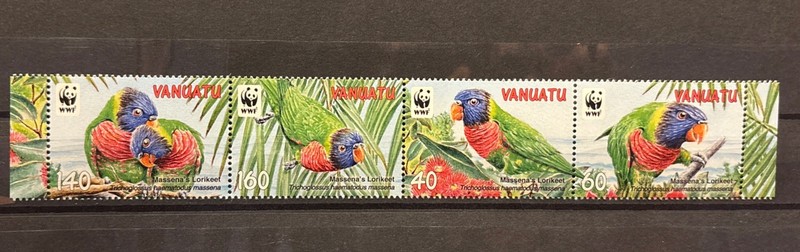 Vanuatu birds, WWF S.C.#1007 S.C.V.$8.5 MNH, Complete strip of 4   2011 issue
