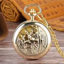 Golden Double Hunter Mechanical Hand Wind Pocket Watch Pendant Necklace Gift