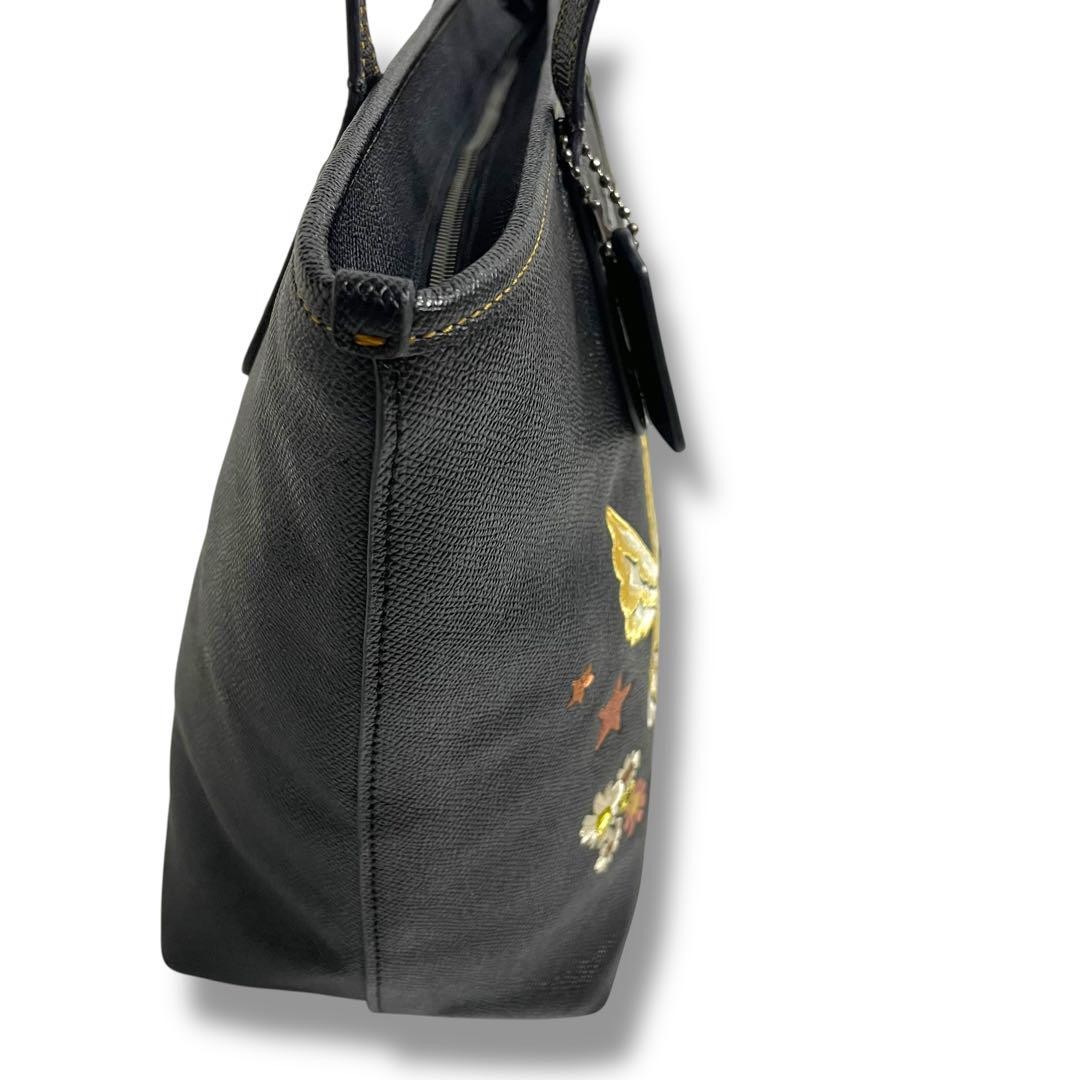 COACH Tote Bag Leather Black Embroidered Flowers Skull Hawk