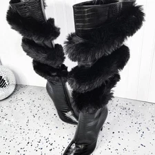 New Real Fox Fur Pointed Toe Over Knee Leopard Print Stage Boots High Top Boots