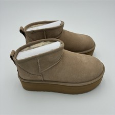 UGG Boots Women Size 8 Classic Ultra Mini Platform Beige Suede Ankle
