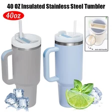 40 oz Water Tumbler Cup Stainless Steel Insulated Bottle Handle & Straw