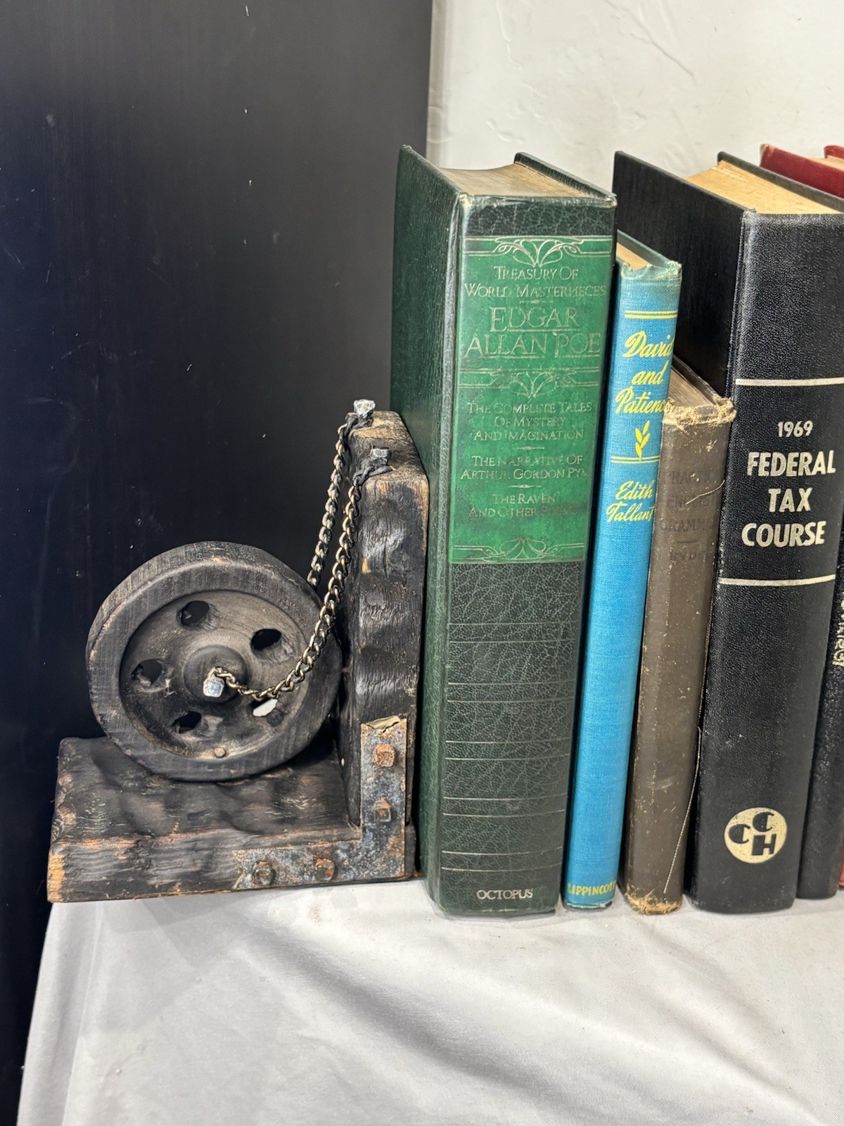 Rustic Industrial Pulley Bookends Vintage Style Wood Metal Chain Steampunk Decor