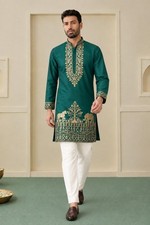 Men's Indian Wedding Kurta Pajama Set Embroidered Silk Traditional Ethnic Wear