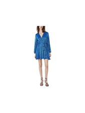 BARDOT Womens Blue Belted Shimmer Long Sleeve Short Faux Wrap Dress S