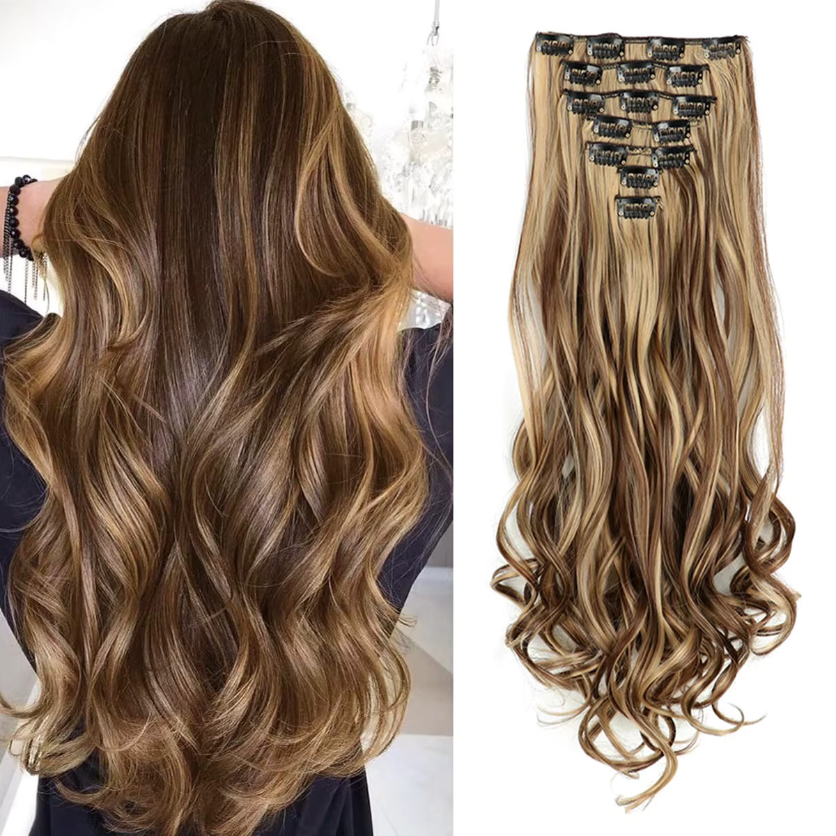 Clip In Hair Extensions 7 PCS Full Head 22 Inch Long Curly Wavy Synthetic Natura