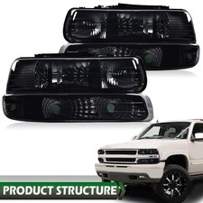 Smoke/Black Headlights+Bumper For 1999-02 Chevy Silverado 2000-06 Tahoe Suburban