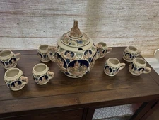 Gerz 8Pc. German Castle Scene Stein Beer/Punch/Drink Bowl Tureen w/ Lid & 6 Cups