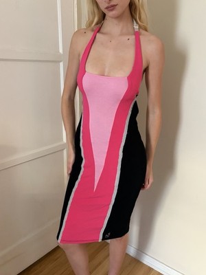 GF FERRE Colorblock Bodycon Dress Pink Black White Buckle Logo Accent Size 40