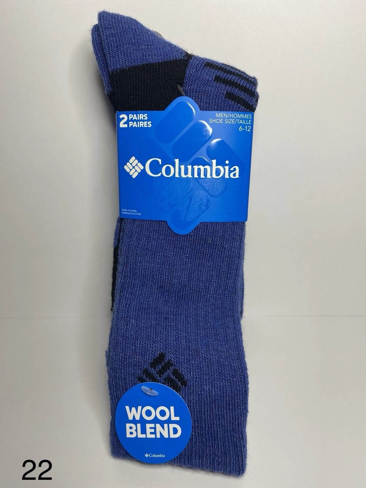New, Columbia, Blue Black Wool Blend 2 Pair Crew Socks, Size 6-12 For Men.