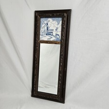 Vintage Trumeau Mirror Dutch Windmill Motif Ceramic Tile Delft Blue Wood Frame