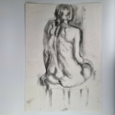 Vintage Kohle figurative Lebensstudie weiblicher Akt von Rachel Edwards um 1970