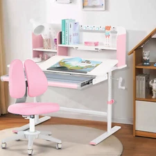 Pink Height Adjustable Kids Study Desk Chair Set Drafting Table w/ Drawer,Shelf 