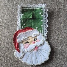 Winking Santa 1960s Bucilla Felt Sequin Hanging Door Knob Ornament Hand Made Vtg