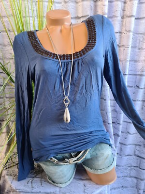 Langarm Shirt Vivien Caron Viskose Gr. 34 bis 38 Blau m. Pailletten NEU (445)