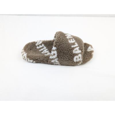 Balenciaga All Over Logo Furry Slides in Dark Mink Grey/White BNWB