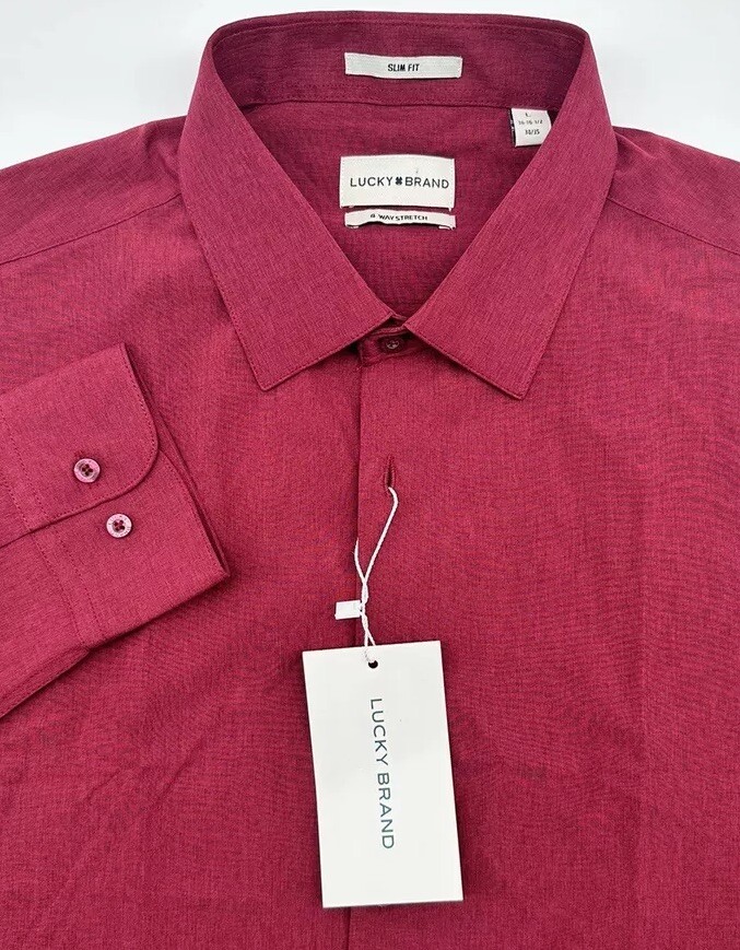 Lucky Brand Dress Shirt Mens Large 16-16.5 34/35 Slim Fit Red Button Up NEW