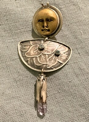 Signed Tabra Moon Bug Goddess face Cocoon Aquamarine Amythst Pendant