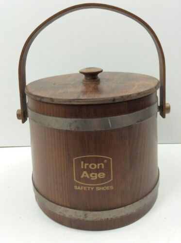 Vintage Wood Ice Bucket Advertising Iron Age Safety Shoes Company Basketville - Picture 1 of 7