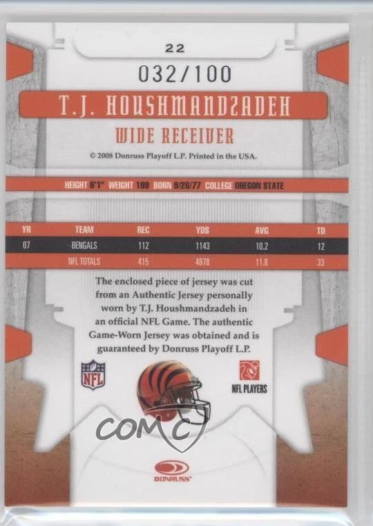 2008 Leaf Limited Threads /100 TJ Houshmandzadeh #22 - Image 2 of 2