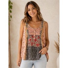 Natural Life Patchwork Floral Boho Sleeveless Pintuck Henley Tunic Top L relaxed
