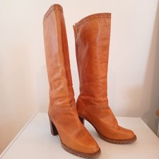 Vintage 70s Zodiac Caramel Leather Tall Whipstiched Leather Boots 9M Hippie Boho