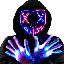 Halloween Led Mask, Light Up Mask and Gloves for Cosplay Costume Pink  Blue .