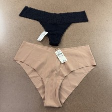 Aerie Womens Size Small Black Lace Trim Thong Beige Cheeky Panties 2 Pieces NWT