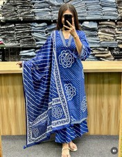 Indian Bandhni Printed Kurti Palazzo Dupatta Set Bollywood Women's Top Kurta Set