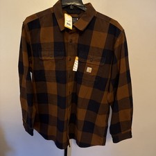 with tags Carhartt Mens Flannel Long Sleeve Plaid Shirt Brown Blue Loose G1N