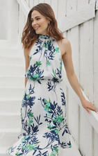 ADRIANNA PAPELL White Floral Textured Chiffon Halter Neck Blouson Midi Dress 8 M