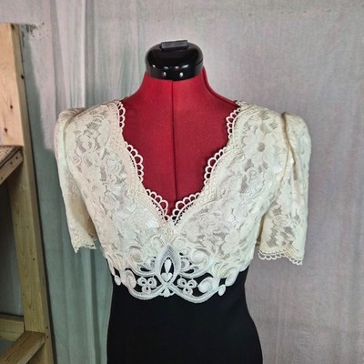 jessica mcclintock black and white lace dress Jessica McClintock vintage women's black and white embroidered lace cape dress 4