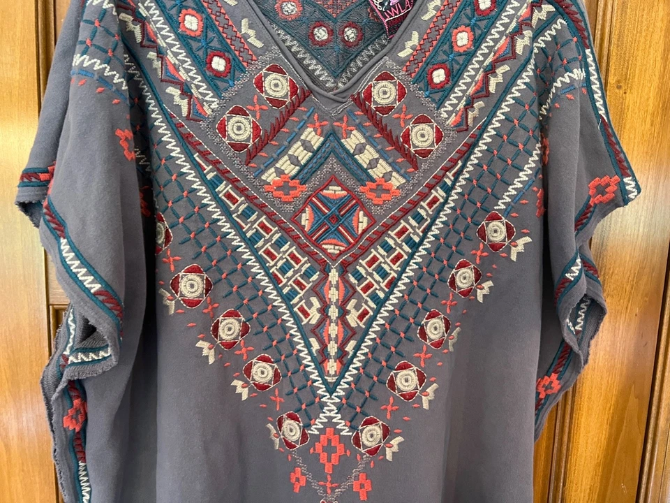 Poncho Johnny Was JWLA 100 % algodón bordado gris usado en excelente estado pequeño Foto 3 de 4