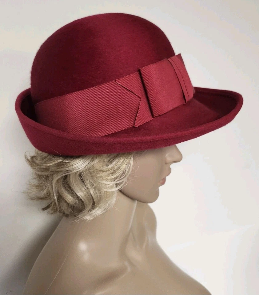 Sombrero de Lana Soleil Soie Henry Pollak Rojo Arándano Vestido Elegante Iglesia Derby Foto 3 de 4