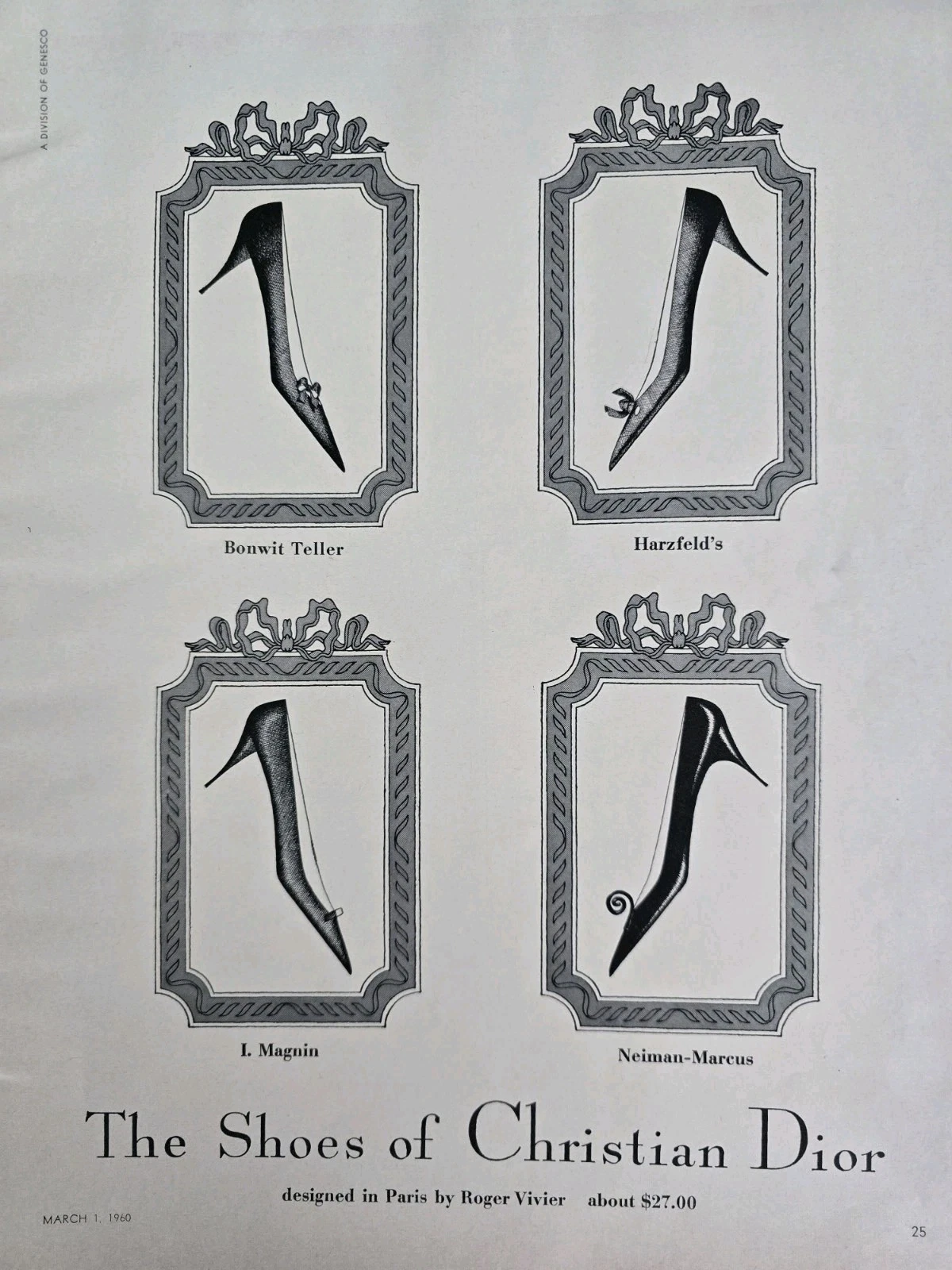 Chaussures femme Christian Dior 1960 dessinées par Roger Vivier vintage annonce