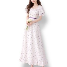 Vintage 70s White Purple Rose Print Prairie Maxi Dress Ruffled Neckline Romantic