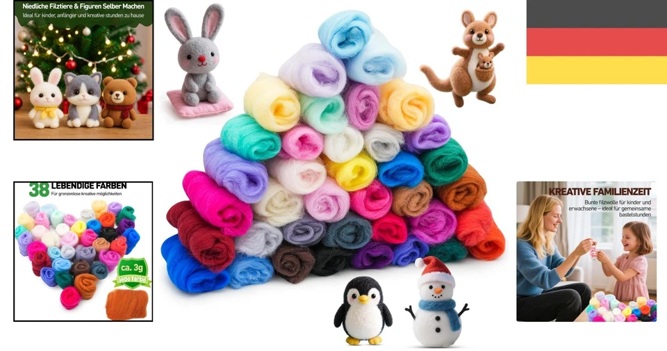 Filzwolle Set 38 Farben für Trockenfilzen Nassfilzen Basteln DIY Kreativprojekte - Bild 2 von 4